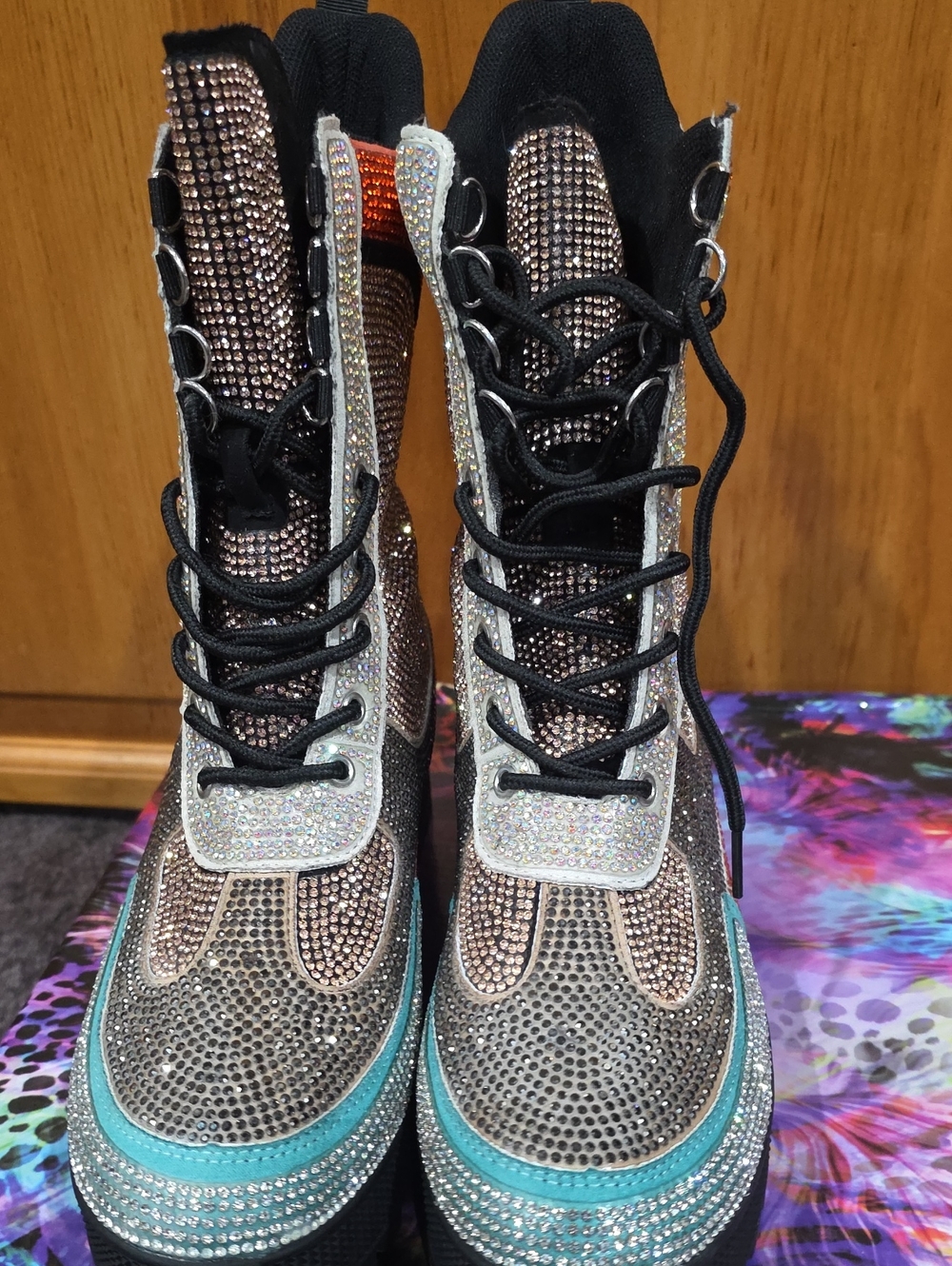 Cape Robbin Teal, Silver & Black Rhinestone Platform Boots - Picture 5 of 7